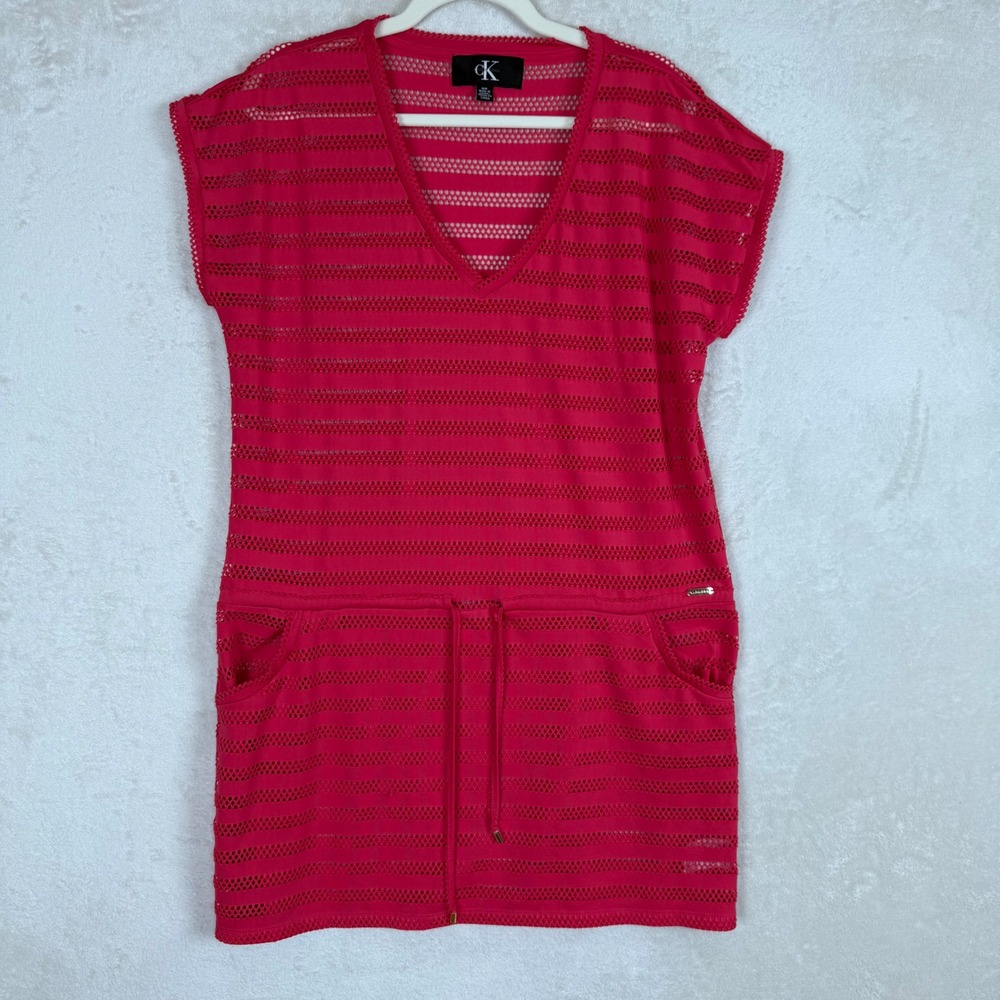 Calvin Klein Women Pink Stripe Drawstring Swim Cover Up Dress Medium